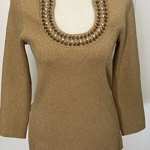 Cable & Gauge Gold Sweater with Embellished Neckline
